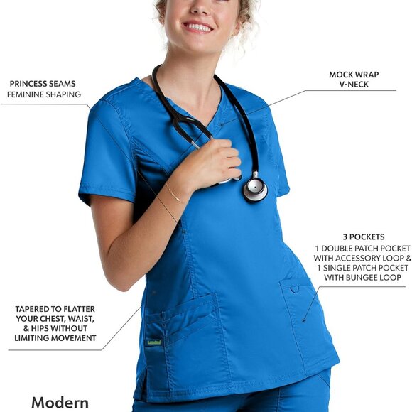Women's Stretch Scrub Top Mock Wrap V-Neck 3 Pockets Medical Work Wear - Picture 2 of 6
